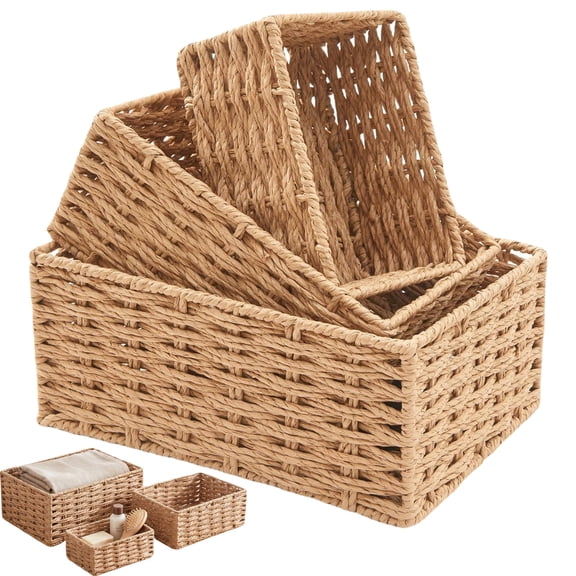 Small Wicker Basket for Organizing, Woven Storage Basket Set of 3 - Handwoven Natural Paper Rope Baskets to Declutter Any Room, Perfect for Organizing and Home Decor