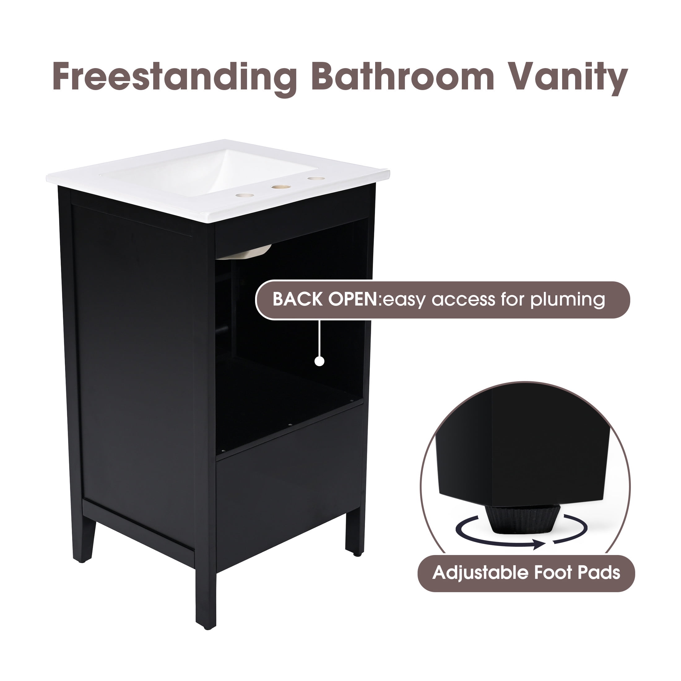 GDF Studio 20" Bathroom Vanity with Ceramic Sink, Freestanding Cabinet with Drawer and Door Shelf, Black