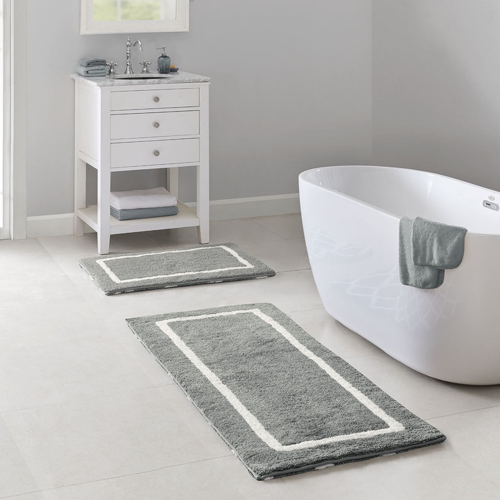 MAYEERTY Bathroom Rug, Reversible High Pile Tufted Microfiber Bath Mat, Grey, 21"W x 34"L