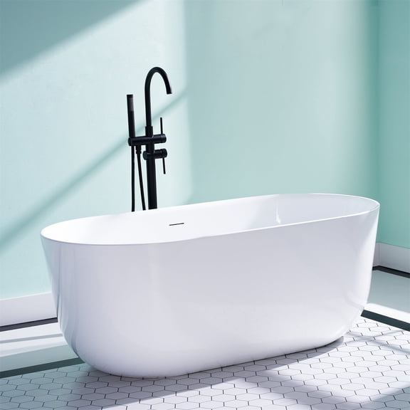 ANGELES HOME 60" Acrylic Freestanding Bathtub, Soaking White Bathtub with White Drain and Integrated Slotted Overflow Included, Glossy White