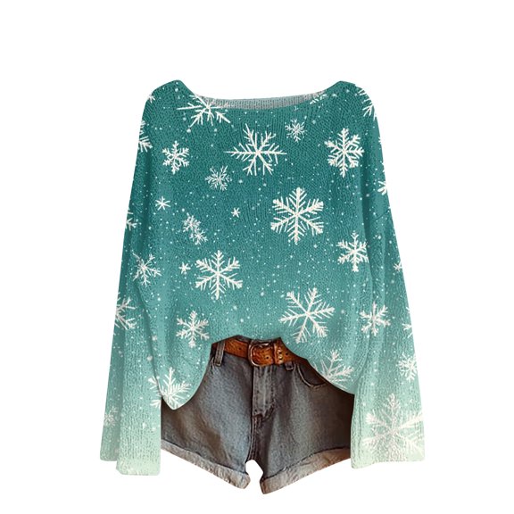 WTOBBY Women's Knit Top with Christmas Print Design, Long Sleeve Round Neck Yarn Pullover, Casual Holiday Sweater for Christmas Party and Family Gathering,Army Green L