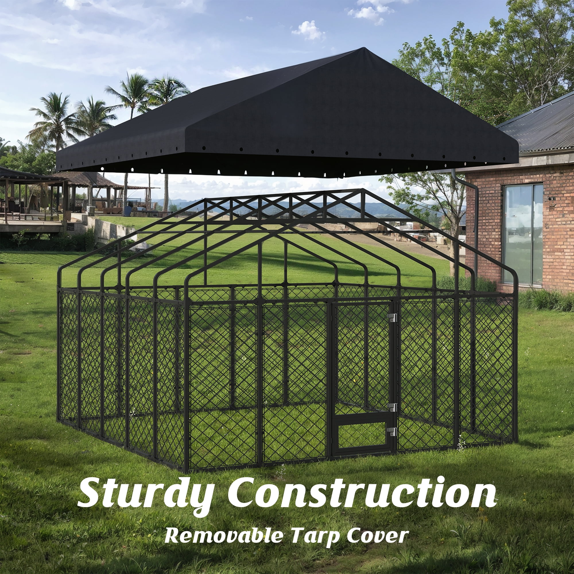 10×10 ft Heavy-Duty Outdoor Dog Kennel with Roof, Weather-Resistant Metal Enclosure with Double-Lock Door