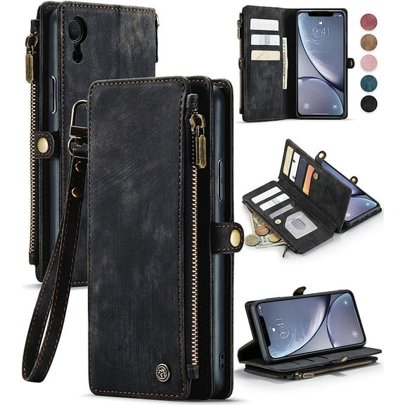 iPhone XR Wallet Case for Women Men, Case with Card Holder, Durable PU Leather Flip Magnetic Strap Zipper Wallet Purse Phone Case , Black