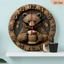 2D Flat 1pc 10Inch Rustic Wooden Bear with Beer Wall Clock, Silent Movement, Round Farmhouse Decor, Battery Operated (AA), Ideal for Kitchen, Bedroom, Office - 10 Inch, No Battery Included