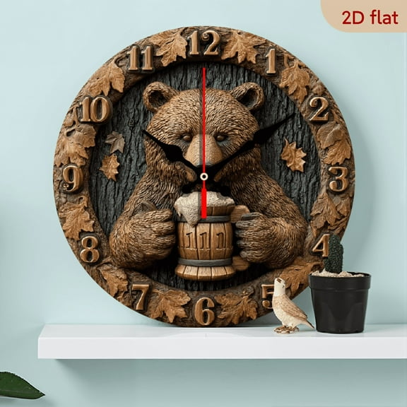 2D Flat 1pc 10Inch Rustic Wooden Bear with Beer Wall Clock, Silent Movement, Round Farmhouse Decor, Battery Operated (AA), Ideal for Kitchen, Bedroom, Office - 10 Inch, No Battery Included