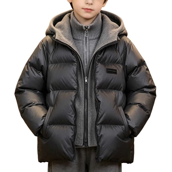ZACPNCV Boys Puffer Jacket Kids Faux 2-Piece Hooded Winter Coat with Knit Sweater Layer Thickened Warm Quilted Coat Zip-Up Cold Weather Outerwear,Black