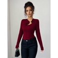 thumbnail image 6 of Women's Metal Ring Long Sleeve Asymmetrical Neck T Shirt Slim Fit Ruched Going Out Tops Wine Red XXL, 6 of 9