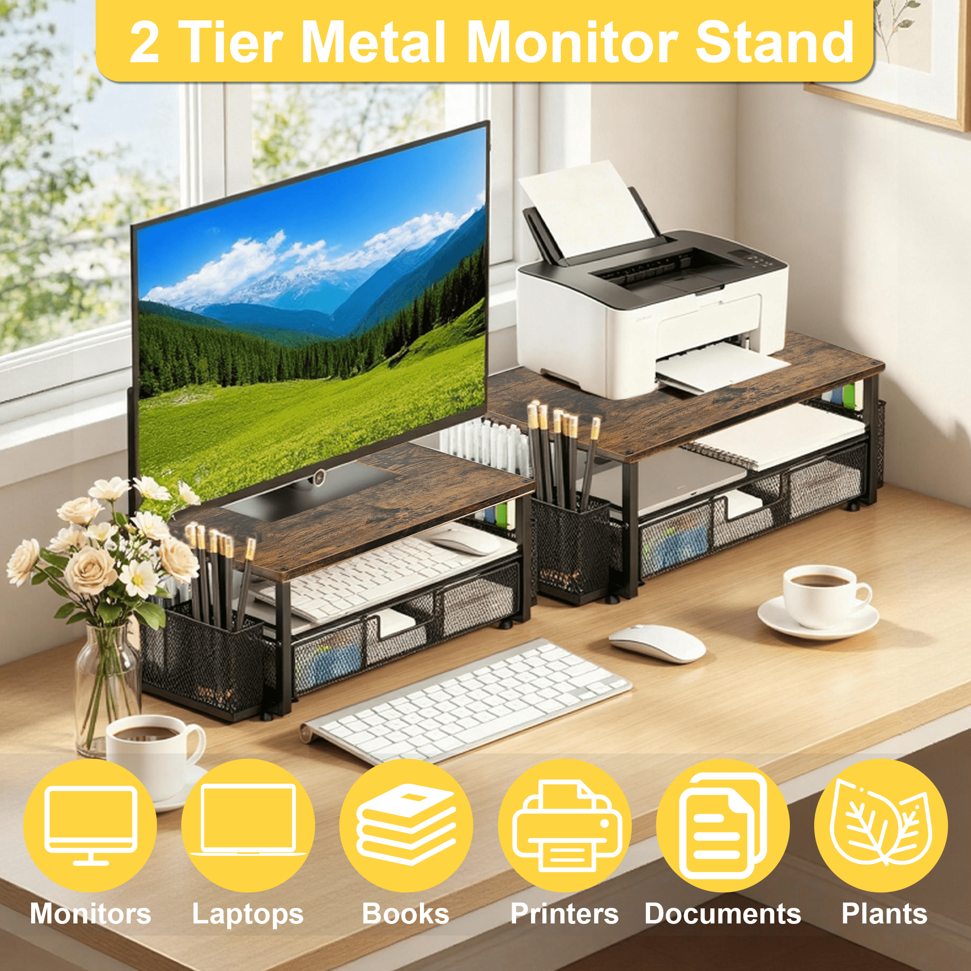 Monitor Stand Riser with Mesh Drawers & Pen Holders, 2 Tier Wood Metal Desktop Organizer, Computer Monitor Riser for Desk, Supports Laptop, Printer, Office Supplies Storage