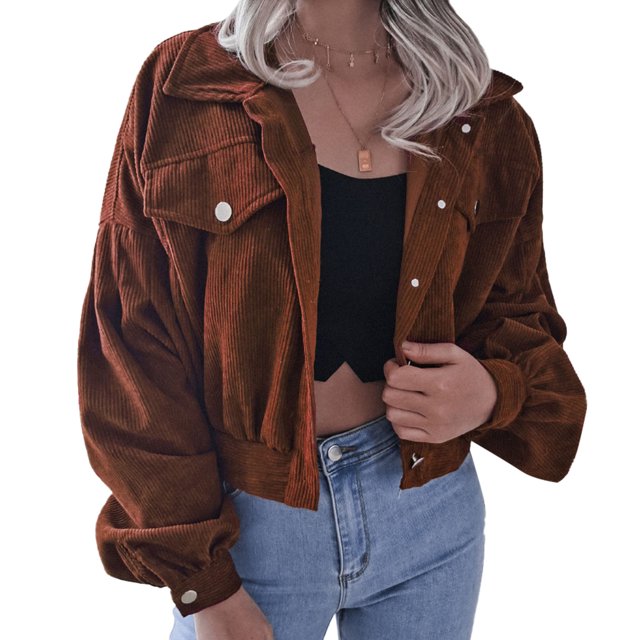 Abrigo Largo Linterna Mangas Recortada Color Sólido Botón Hasta Casual Corduroy Mujer Chaqueta Marrón L
