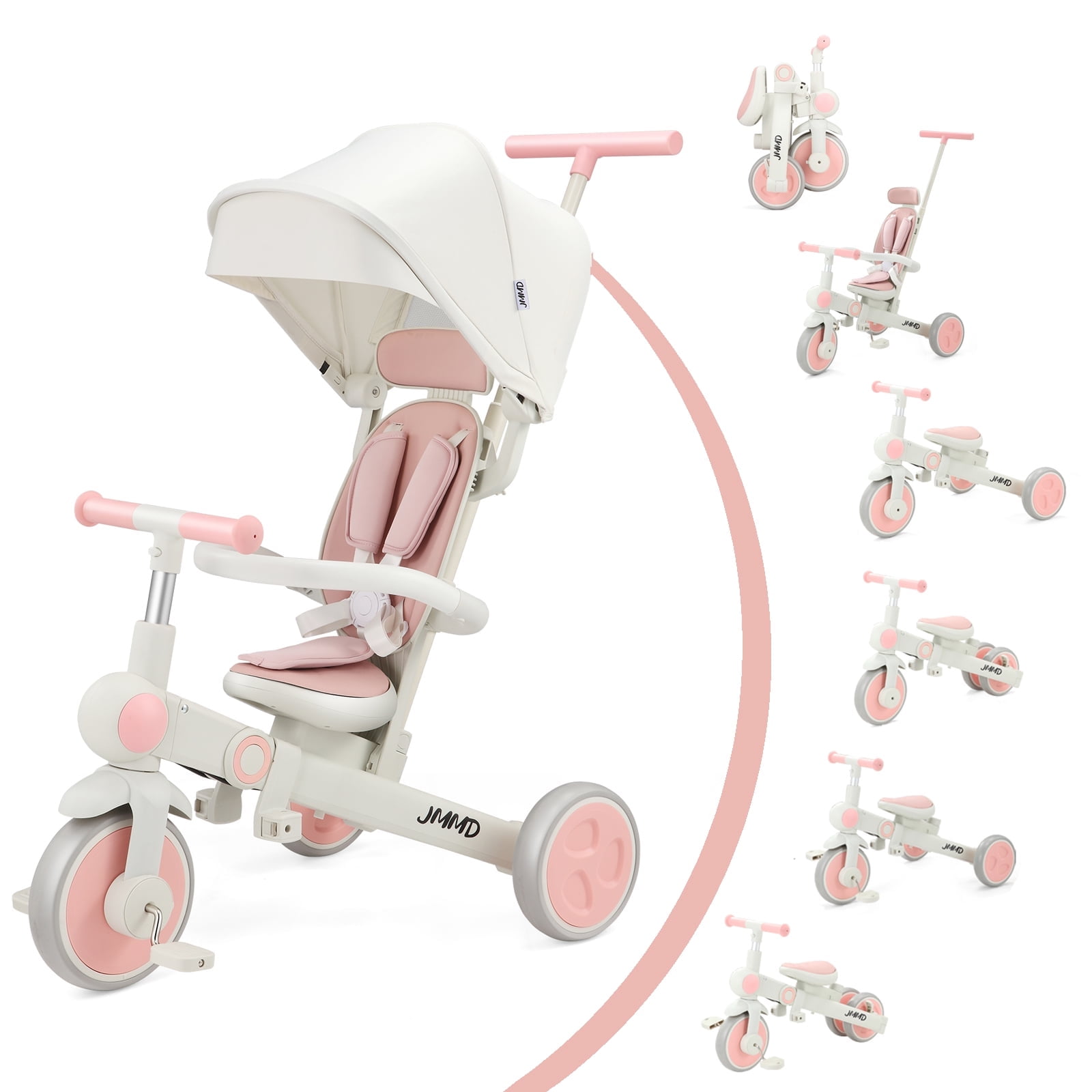 JMMD Baby Tricycle, 7-in-1 Foldable Kids Trike with Adjustable Parent Handle, Safety Harness & Wheel Brakes, Removable Canopy, Stroll Trike for Boys & Girls Ages 18 Months-5 Years, Pink