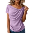 thumbnail image 6 of Women's Casual Solid Color Pleated Short Sleeve Round Neck Tops Blouses Shirts Loose Fit Soft Business Office Work Vacation Travel Fashion Essential Gift for Women | CSEONE,Purple L, 6 of 8