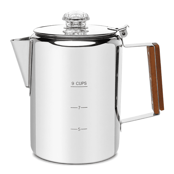 304 Stainless Steel Coffee Percolator, 9-Cup Stovetop Coffee Maker with Glass Lid and Wood Handle for Home, Camping & RV