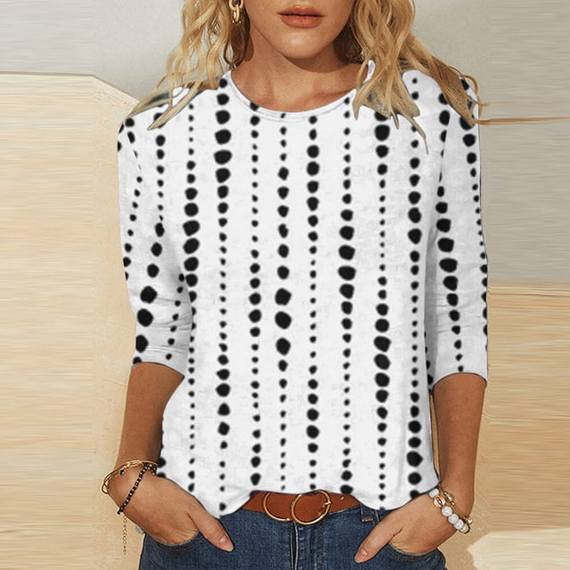 EGNMCR T-Shirts pour Femmes T-shirt Imprimé de Mode pour Femmes Blouse Mi-Longue à Manches 3/4 Col Rond Hauts Décontractés
