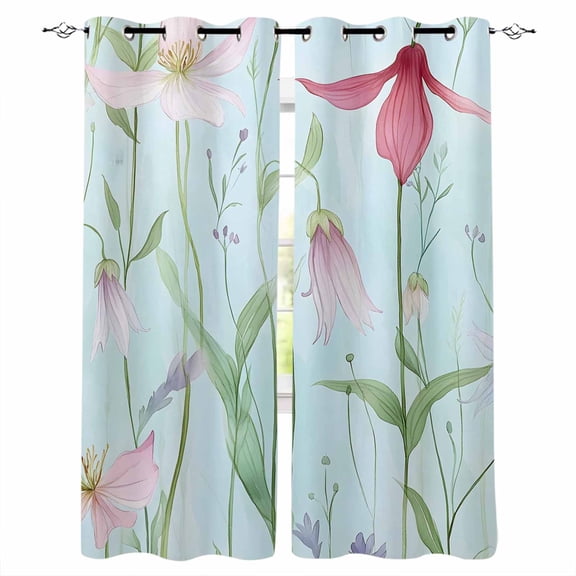 Blue Pink Green Floral Kitchen Curtains Seasonal Botanical Blooms Cafe Short Curtains for Bathroom Blackout Window Curtain Grommet Small Window Treatment Drapes for Bedroom Living Room 27.5"x39"x2