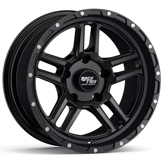 RockTrix RT109 17 inch Wheel Compatible with Jeep Wrangler JK JL 17x9 5x5 Wheels ( 12mm Offset, 5.5in Backspace) 5x5 PCD, 71.5mm Bore, Black, Also fits Commander Grand Cherokee Gladiator JT Rims