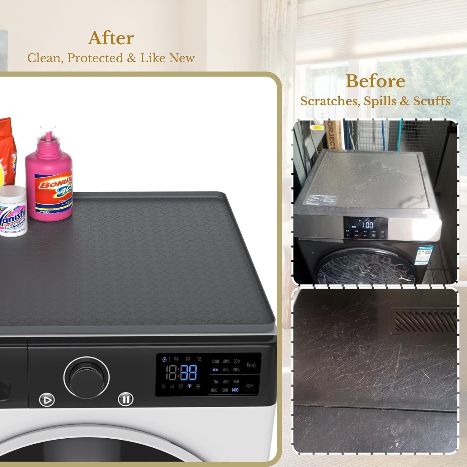 Washer and Dryer Covers for the Top - 27''x 27'' Silicone Protector Mat for Washing Machine Countertop - Non-slip Rubber Waterproof Dustproof Ideal for Laundry Kitchen - Gray 2 Pack