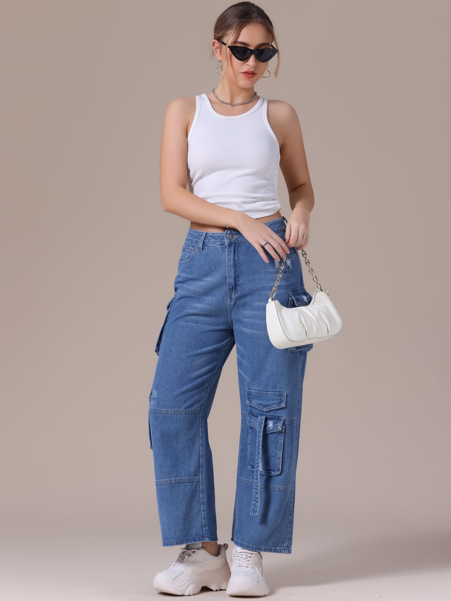 DARING DIVA Women's Cargo Jeans Straight High Waist Baggy Denim Pants XL Blue