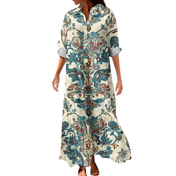 CharmCyan Women's Fashionable And Elegant Autmn And Winter Button Lapel Three-quarter Sleeve Three-dimensional Printed Dress Cyan L