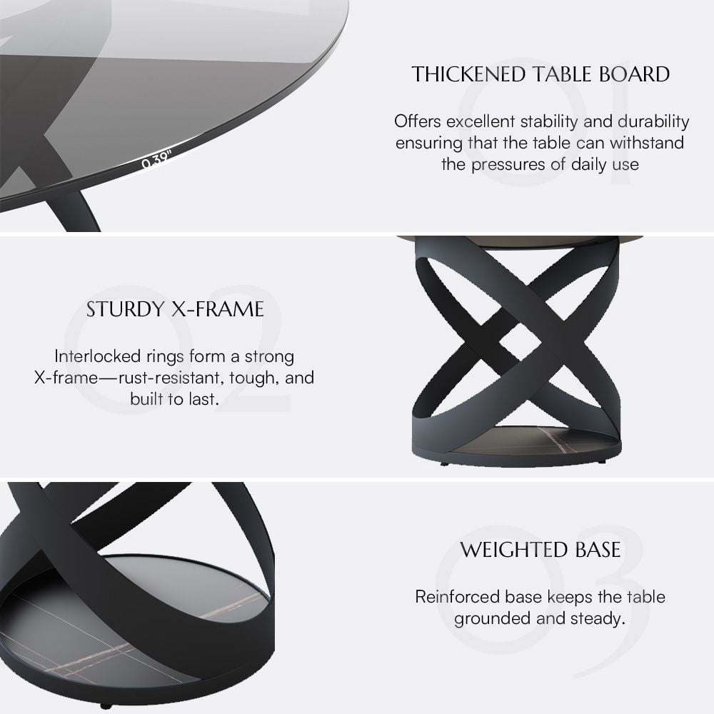 POVISON-59"Modern Round Glass Dining Table for 6, Gray Tempered Glass Circle Dining Room Table for Kitchen, Glass Kitchen Table, Black X Carbon Steel Base