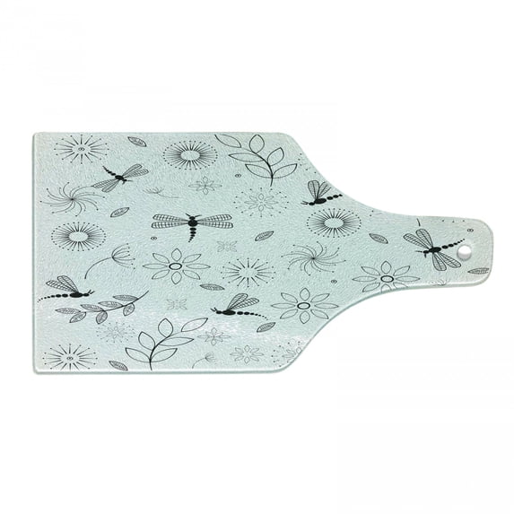 Dragonfly Cutting Board, Bohem Inspired Flying Butterfly Like Bugs and Flowers Dandelion Image, Decorative Tempered Glass Cutting and Serving Board, Wine Bottle Shape, Black and White, by Ambesonne