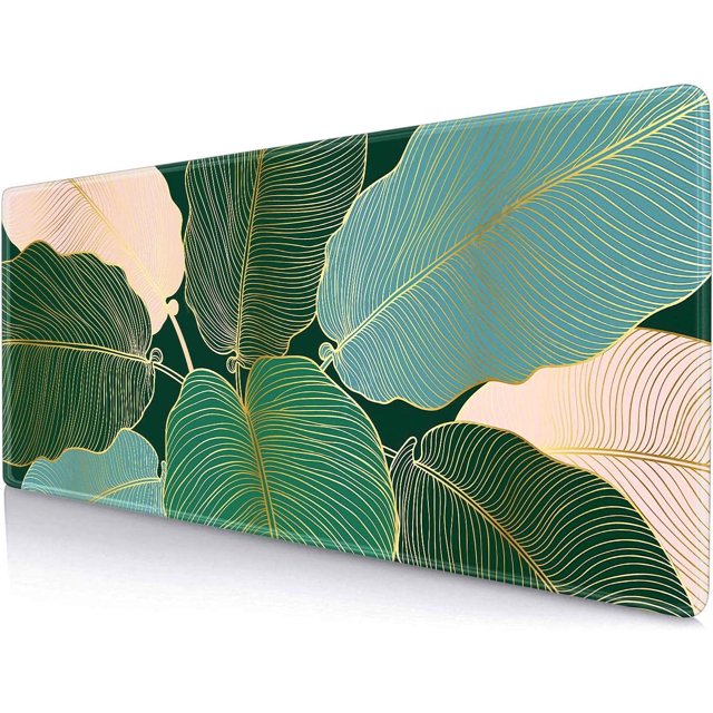 Large Gold Green Leaves Desk Pad 31.5x11.8 Inch Keyboard Mouse Pad with Stitched Edges, Extended AntiSlip Rubber Base Mice Pad for Computer, Laptop, Work, and Office