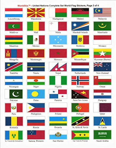 United Nations Sticker Set with Country Name; 1.5 x 1 Self Adhesive Stickers for Every International Country in The United Nations Plus 7 UN Stickers Made in The USA 200 Sticker Flags Total. 