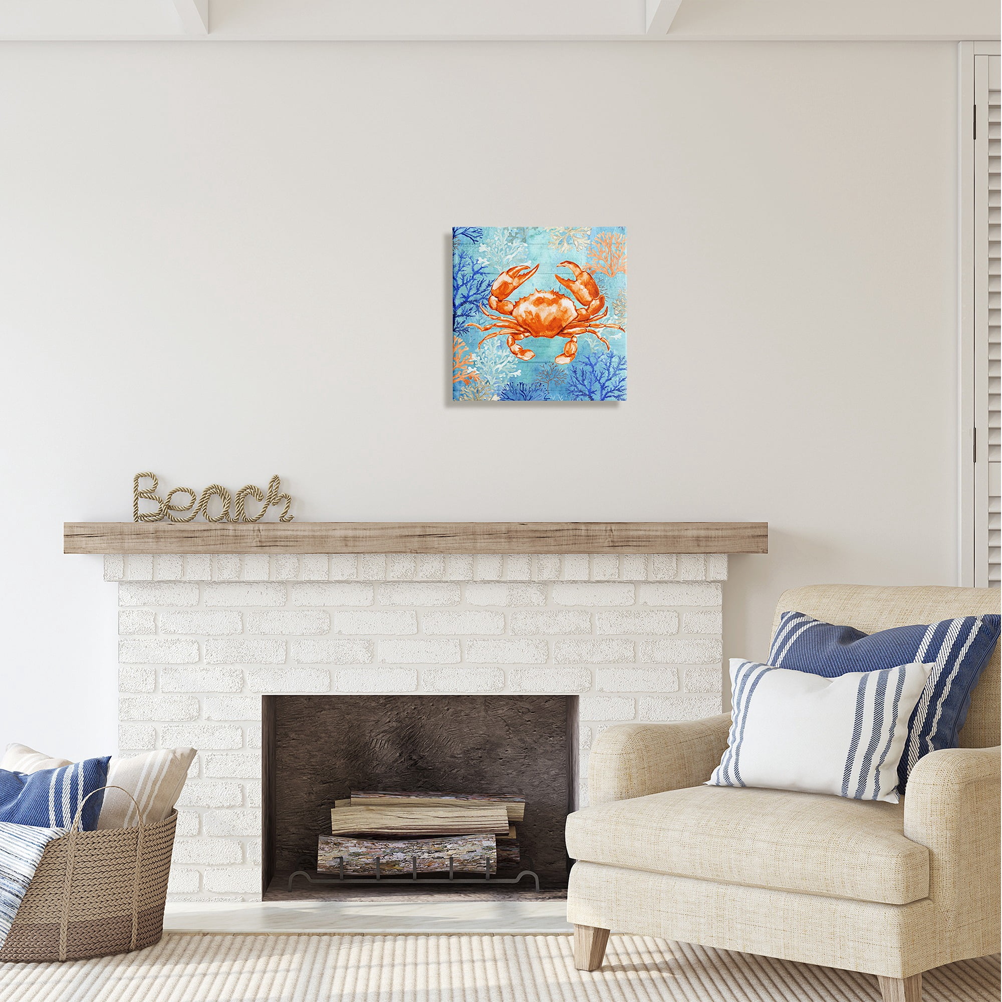Stupell Industries Crab with Nautical Coral Animals & Insects Painting Gallery Wrapped Canvas Art Print Wall Art, 17 x 17
