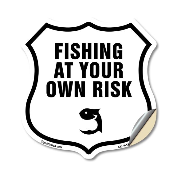 Fishing at Your Own Risk (5 Pack) 4 inch X 4 inch Shield Shaped Heavy Duty 3.2 mil Vinyl Decals Weather Resistant Made in the USA