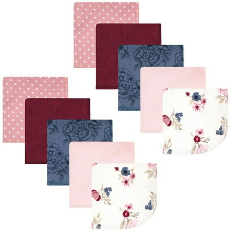 Hudson Baby Infant Girl Flannel Cotton Washcloths Dusty Rose Floral 10 Pack One Size