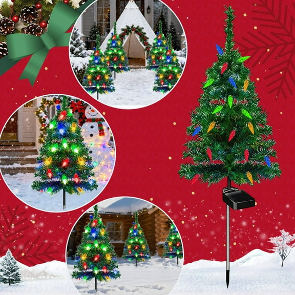 Outdoor Solar Powered Artificial Christmas Tree with Multicolored LED Lights Weather Resistant Holiday Decoration for Yard Garden Lawn Pathway Party