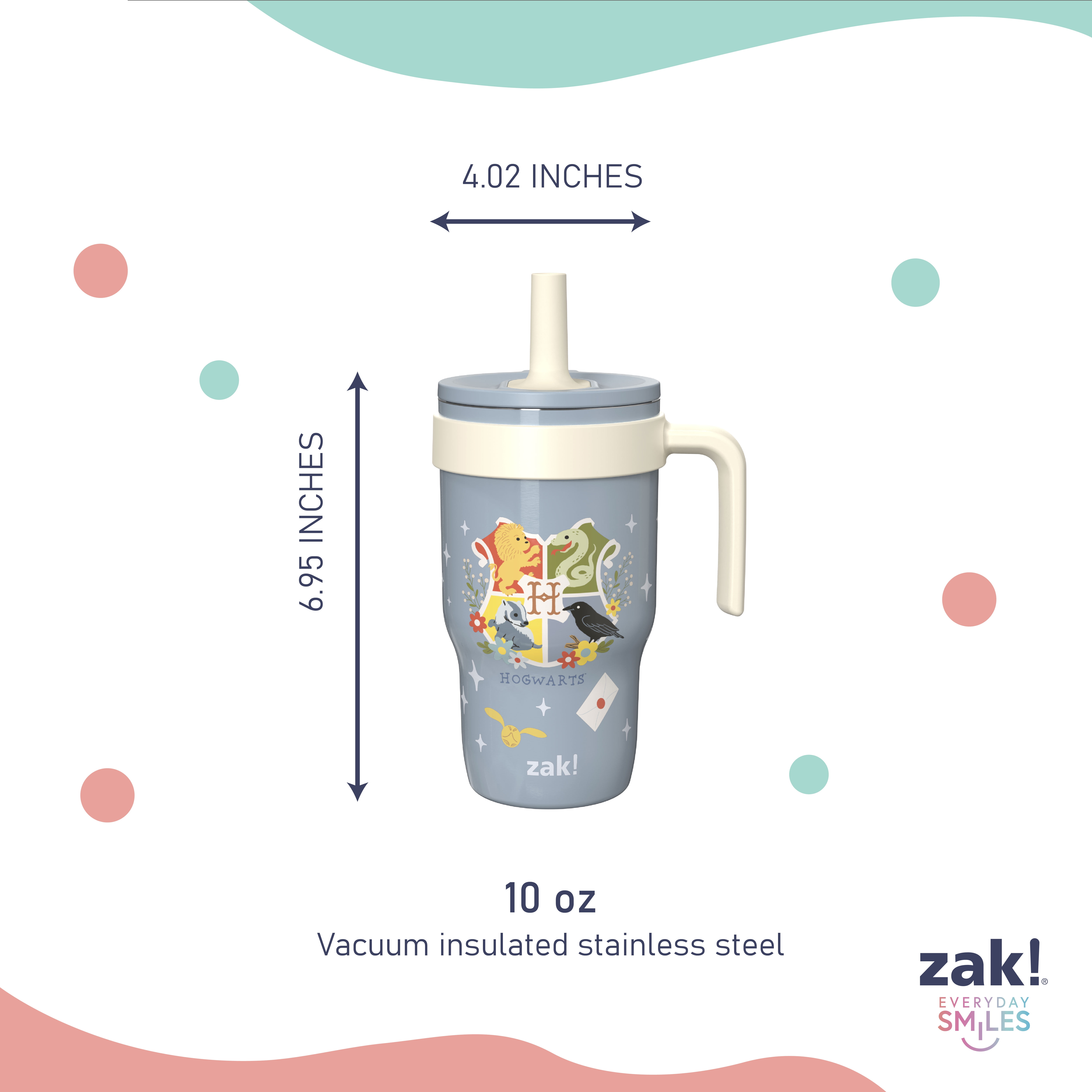 Zak Designs 10oz Harry Potter Kids Handle Tumbler, Stainless Steel Cruiser Tumbler with Soft Silicone Straw, Leak-Proof, Easy to Hold, Blue