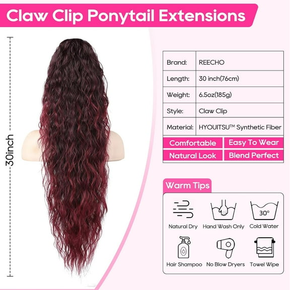 WEIF-Ponytail Extension 30" Long Claw Clip Ponytail Extension Curly Wavy Pony Tails Hair Extensions Synthetic Hairpiece for Halloween Cosplay, Burgundy