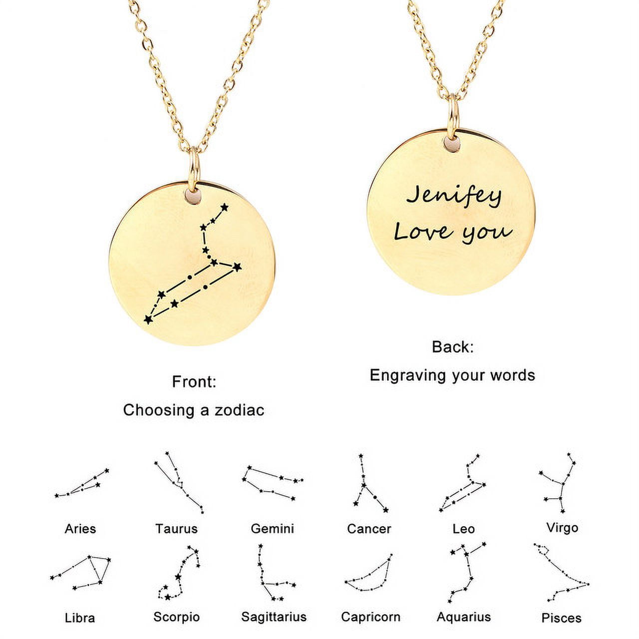 Zodiac Jewelry - Horoscope Constellation Necklace - Zodiac Birthday Gift with Back Can Engraved Name - Zodiac Gift for Girl