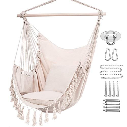 Y STOP Hammock Chair Hanging Rope Swing Max 330 Lbs 2 Cushions Included Large Macrame Hanging Chair with Pocket Quality Cotton Weave for Superior Comfort Durability Beige Walmart