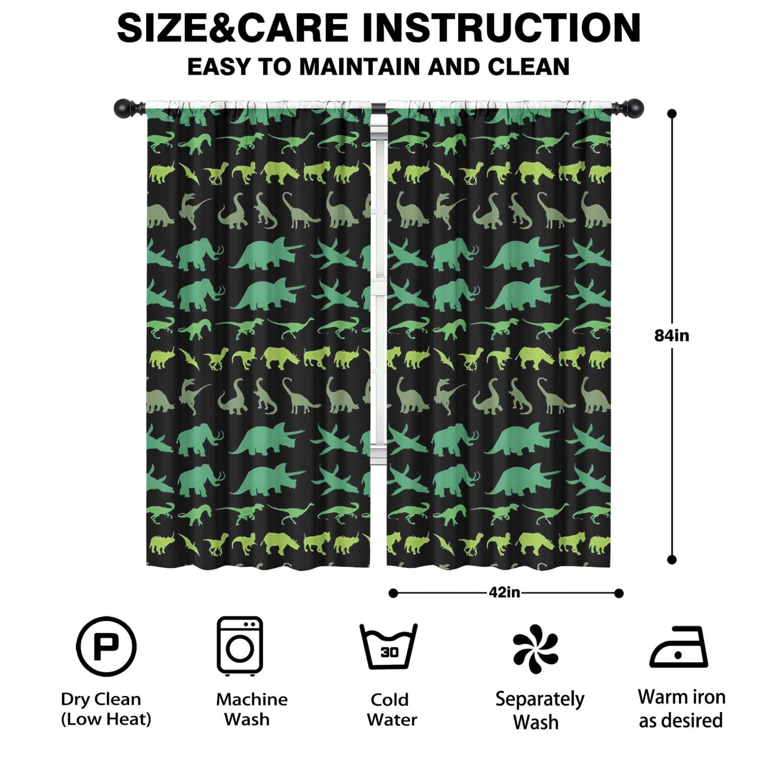 Blackout Kids Curtains,Green Dinosaurs MultiShapes Pattern Childrens Insulated Curtains Set Of 2,Bedroom Essentials,Toddler Room Decor 42"x84"