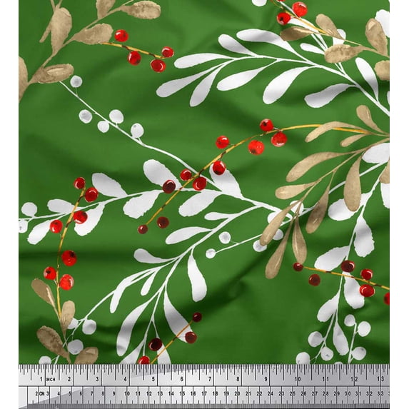 Soimoi Green Rayon Fabric Red Berries Leaves Fabric Prints By Yard 56 Inch Wide