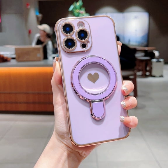 Cute Case for iPhone 15 with Heart Pattern, Plated Frame Ring Stand Holder Lightweight Slim Shockproof Anti-Scratch Protective Cover for Women and Girls for iPhone 15, Purple