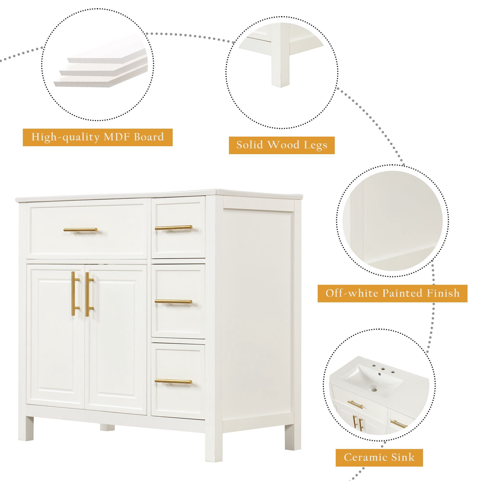 DEALTOPS Stylish Bathroom Vanity with Sink Top, Vanity Cabinet with Cabinet and 3 Drawers, White