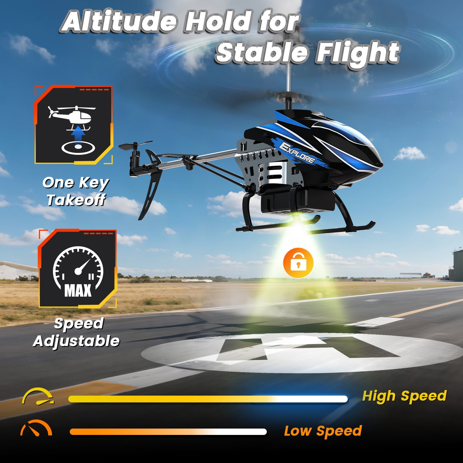 Wefone YK020 RC Helicopter for Kids with 3.5CH, 7 LED Light Modes, Altitude Hold, 2 Batteries, Blue