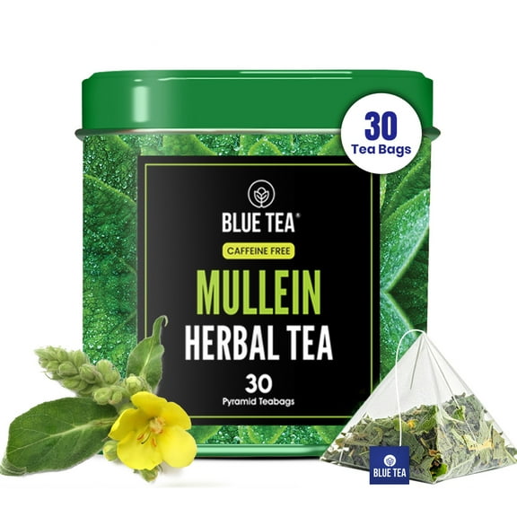 BLUE TEA - Mullein Tea - 30 Count - Pyramid Plant Based Tea Bag | For Lungs & Respiratory System | Herbal Tea - Caffeine Free - Leaf Based - Reusable Tin Pack