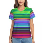 Red Striped Print T Shirt Women National Flag Harajuku V Neck T-Shirts Short Sleeve Casual Tshirt Summer Pattern Tees Bi