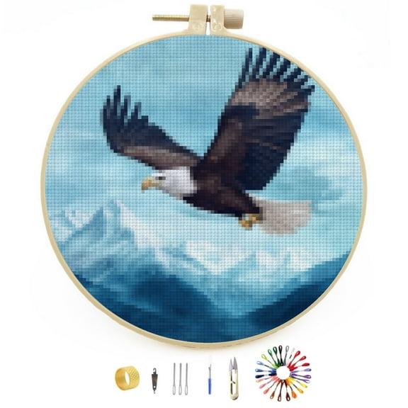 Eagle Flying among Mountain Easy Stamped Cross Stitch Kits for Beginners with Hoop Simple Patterns 11CT Counted Embroidery Needlepoint Crafts Arts for DIY Enthusiasts and Home Decor 30x30cm(1)