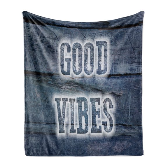 Chill Soft Flannel Fleece Throw Blanket, Inspiration Words on Wooden Planks with Grunge Scratched Display Relaxation, Cozy Plush for Indoor and Outdoor Use, 50" x 60", Dark Blue White, by Ambesonne