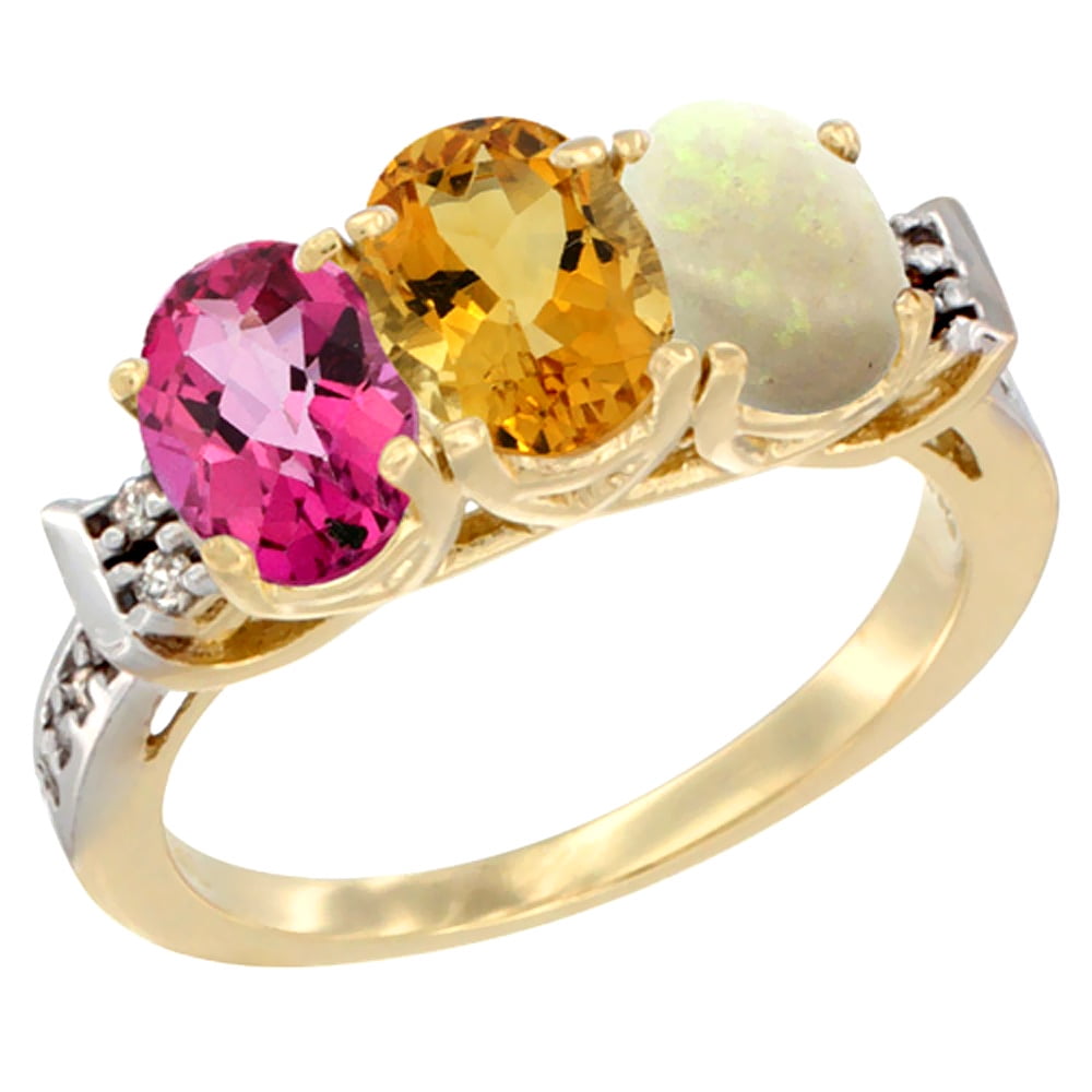 10K Yellow Gold Natural Pink Topaz, Citrine & Opal Ring 3-Stone Oval 7x5 mm Diamond Accent, sizes 5 10 by WorldJewels