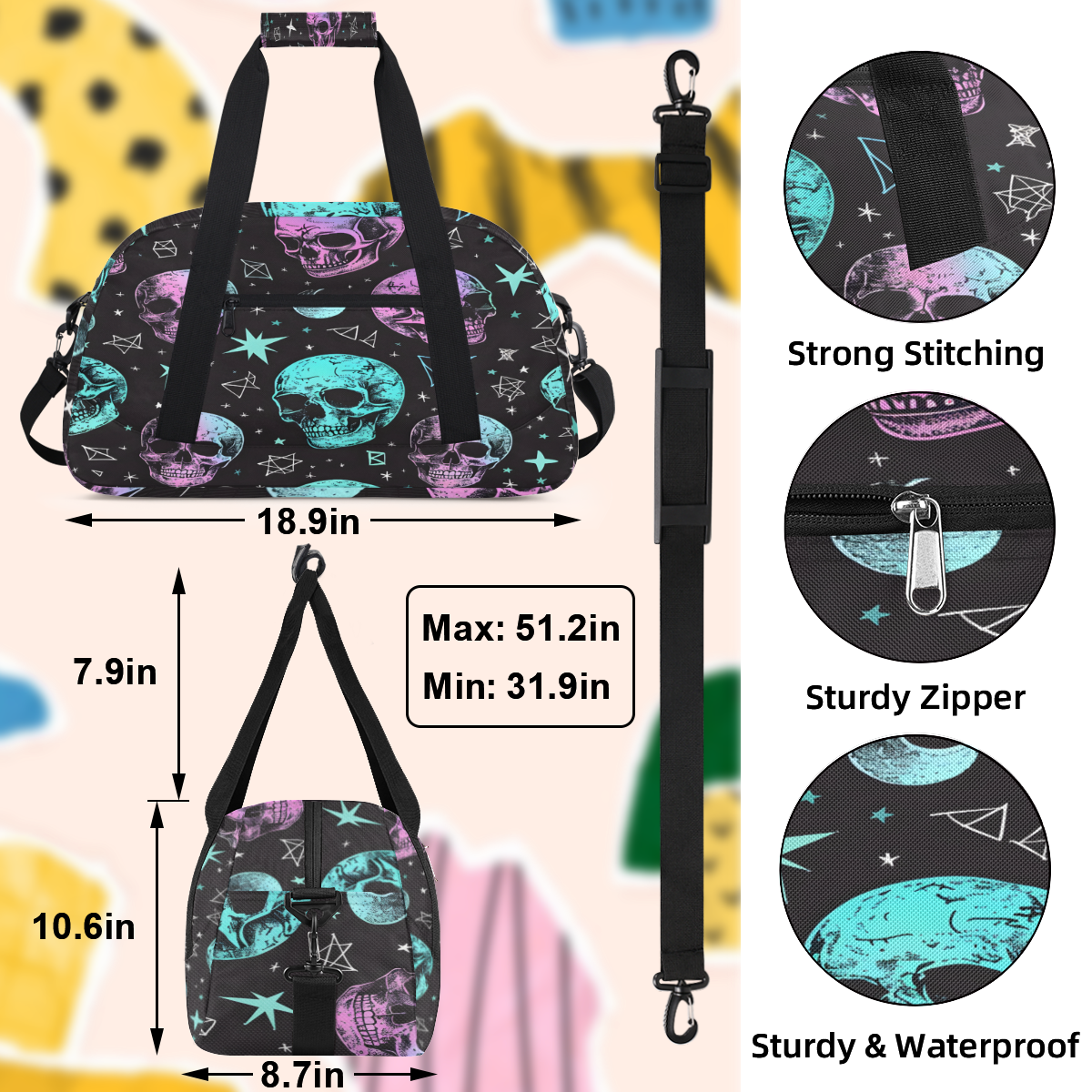 Herdesigns Skull Sports Duffle Bag for Women & Men, Skeleton Gym Bag Dance Bag Overnight Bag Carry On Weekender Travel Bag