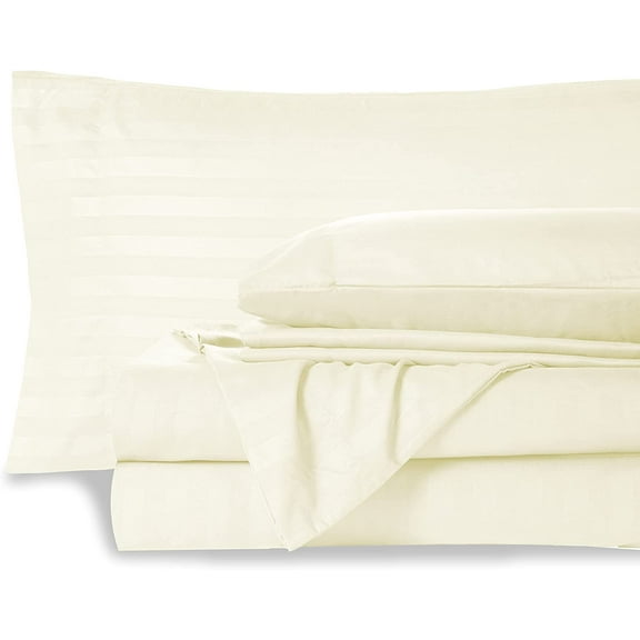 Bed Sheet Set 6 Piece - 30" inch Deep Pocket - 600 Thread Count - 100% Egyptian Cotton - Extra Soft and Luxury - Ivory Stripe, Cal King Size.