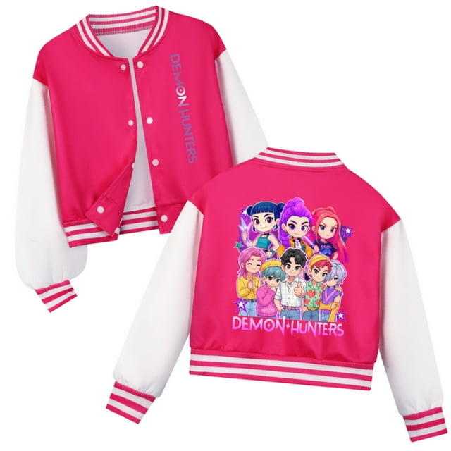Moonsky Cantante P0p Den-en de béisbol cortos para niños y niñas a de chicos coreanos HUNTR/X Saja Chaqueta bomber con para niños Chaqueta Abrigo de béisbol de manga larga Rosa intenso 110
