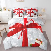 Homewish Kawaii Red Bow 7pcs Bedding Comforter Set for Teens Boys Girls,Merry Christmas Queen Bedding Sets Super Cozy,Xmas Snowflake Queen Sheet Sets,Super Cozy Room Decor,Reversible