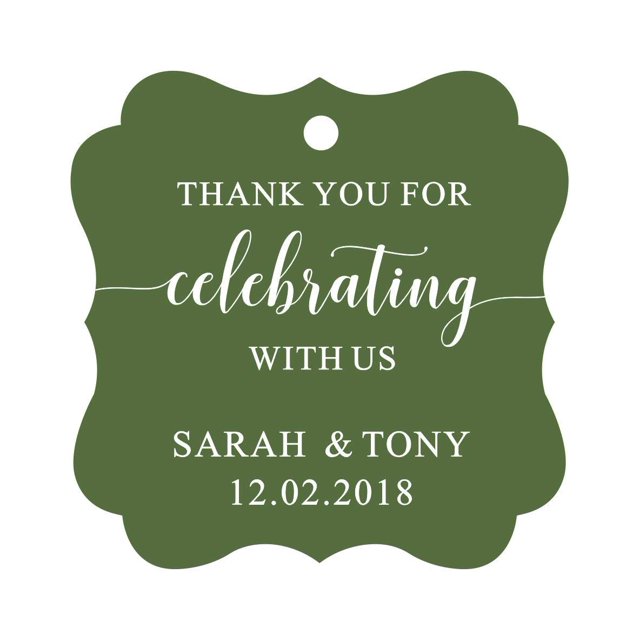 Darling Souvenir Fancy Frame Custom Paper Tags Thank You For Celebrating With Us Wedding Favor Gift Hang Tags-Olive Green-50 Tags