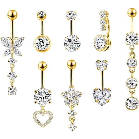 8Pcs Belly Button Ring Dangle Piercing - 14G Surgical Steel Cute Navel Ring